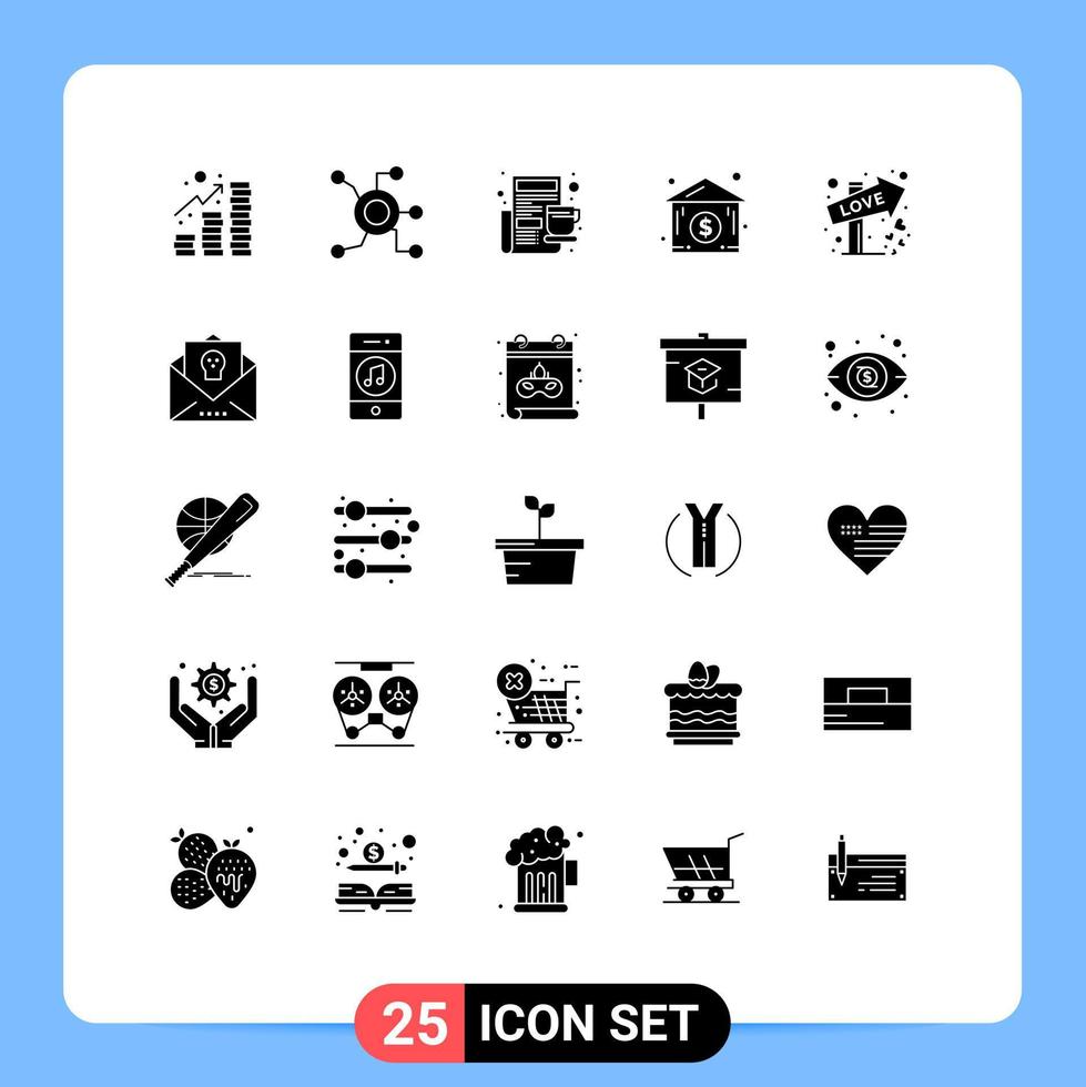 Pack of 25 Modern Solid Glyphs Signs and Symbols for Web Print Media such as love real estate connect house newspaper Editable Vector Design Elements