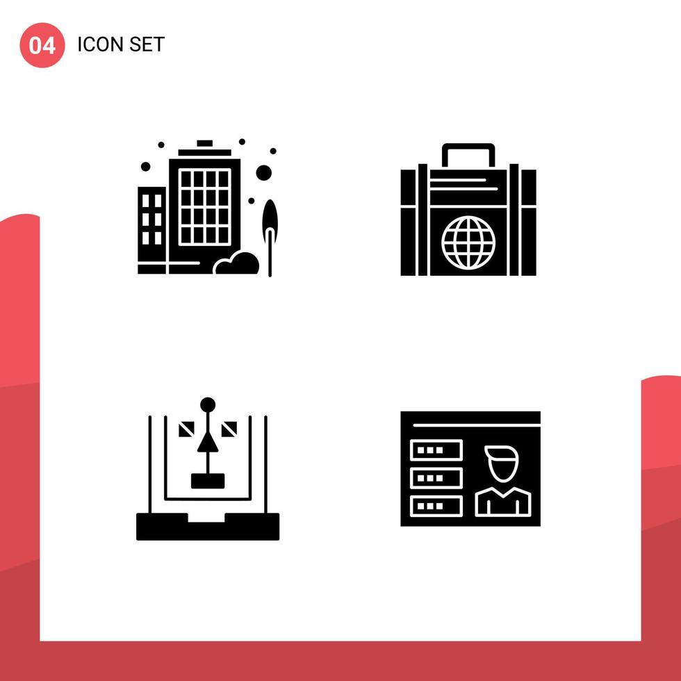 Mobile Interface Solid Glyph Set of 4 Pictograms of building development business globe planning Editable Vector Design Elements