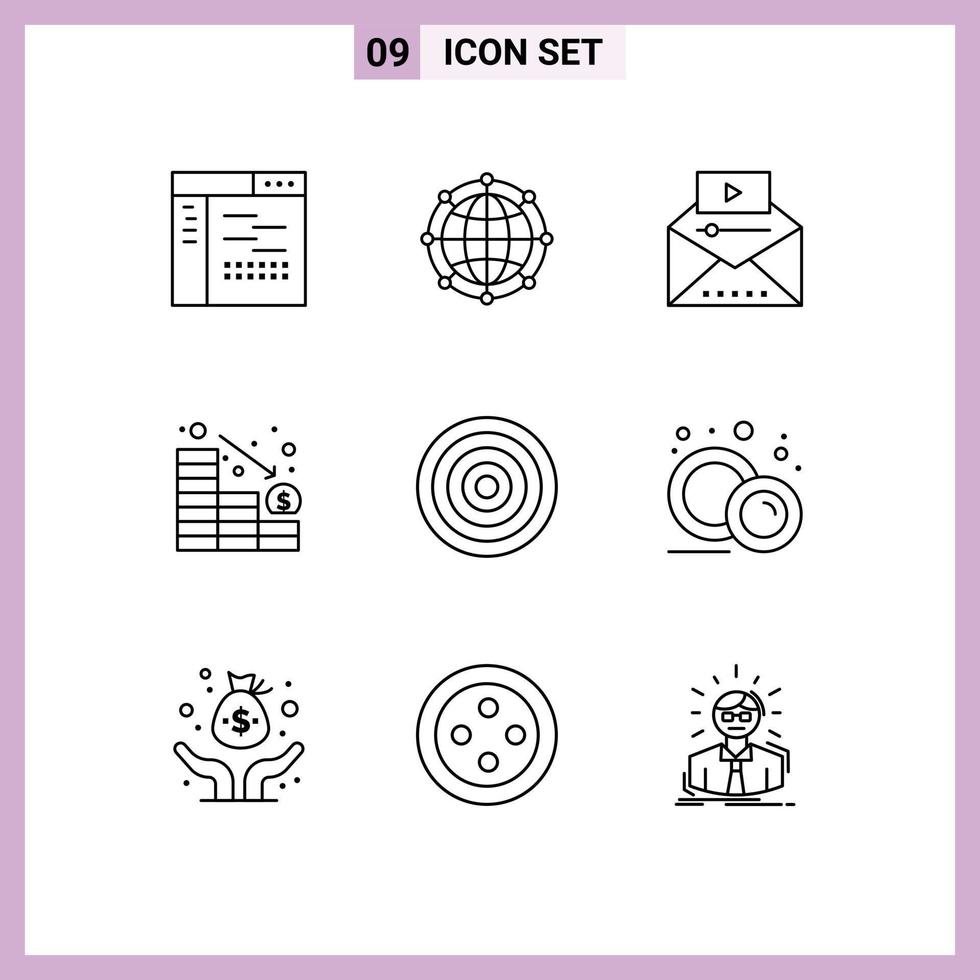 Editable Vector Line Pack of 9 Simple Outlines of loss analytics network viral video video advertising Editable Vector Design Elements