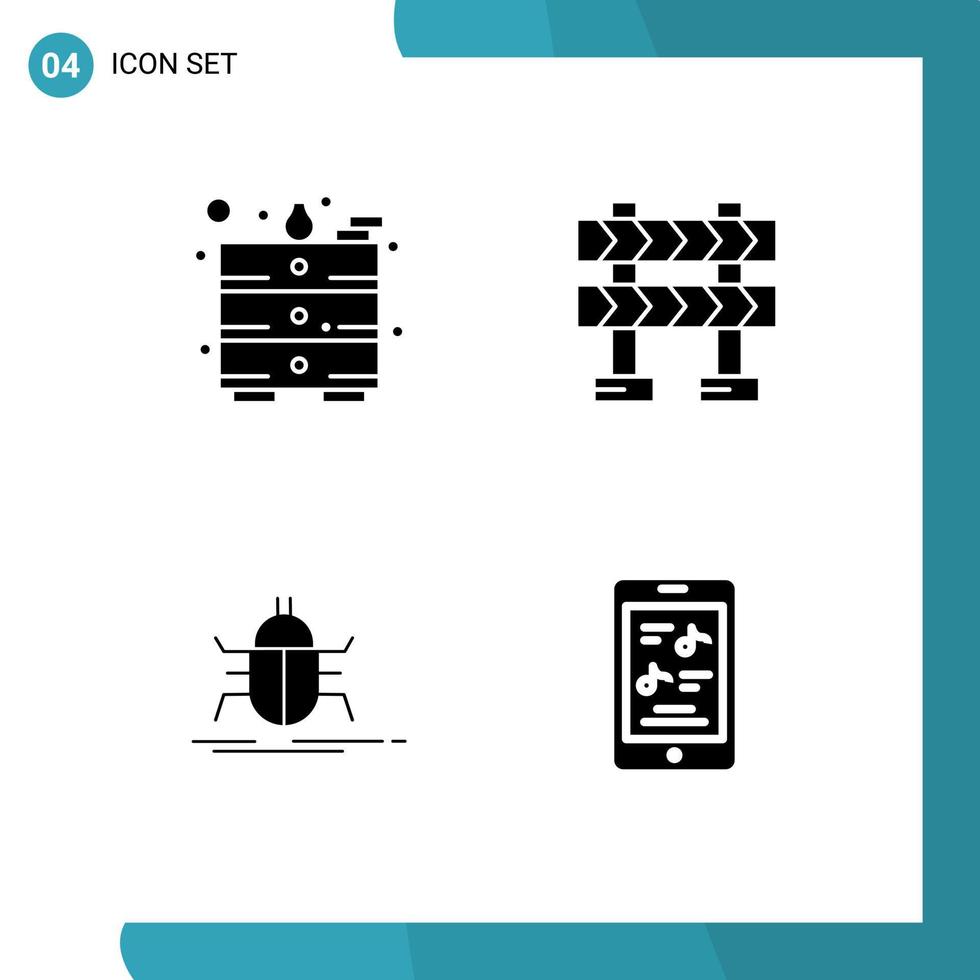 Modern Set of 4 Solid Glyphs Pictograph of draw testing barricade bug movie Editable Vector Design Elements