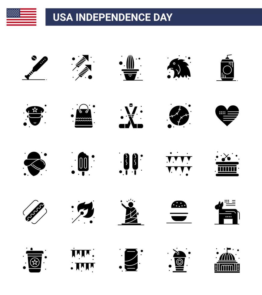 Pack of 25 creative USA Independence Day related Solid Glyph of cola eagle shoot bird pot Editable USA Day Vector Design Elements