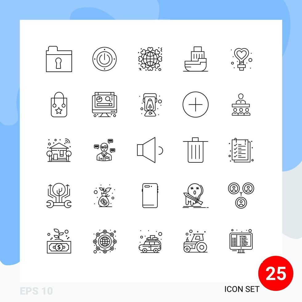 conjunto de pictogramas de 25 líneas simples de elementos de diseño de vector editables de entrega de barco de corazón de envío femenino