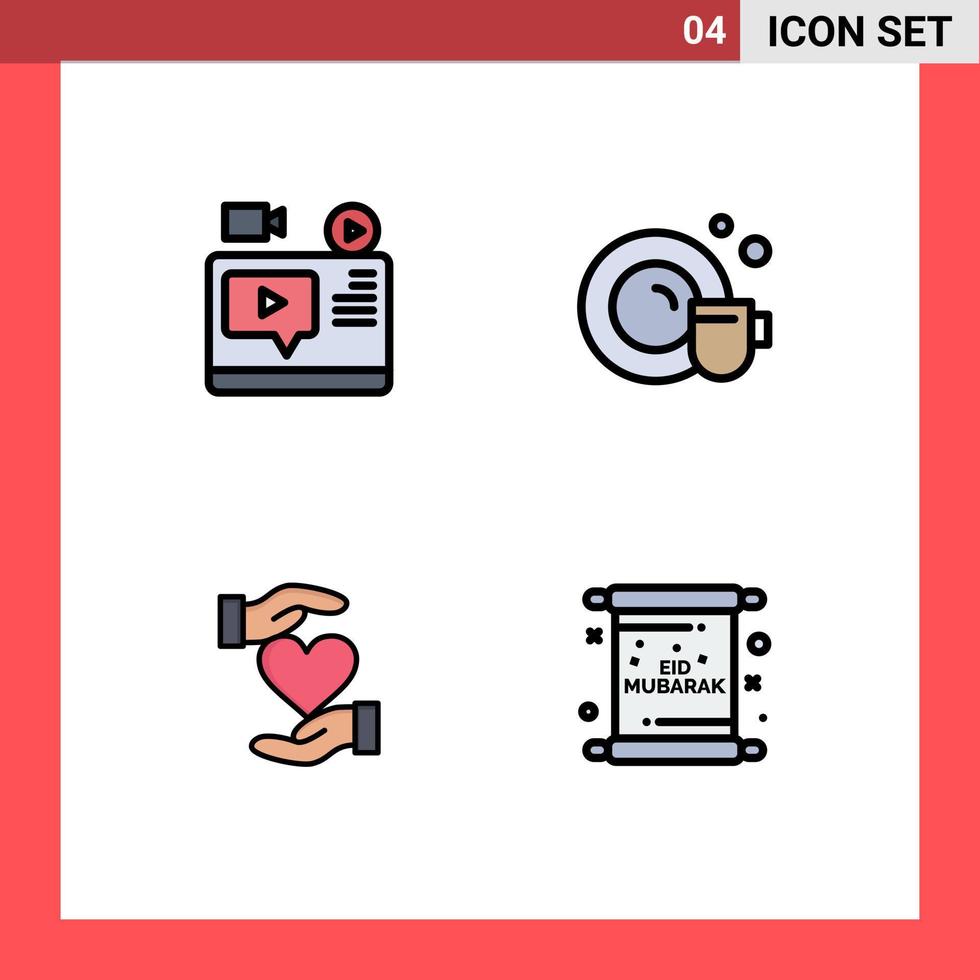 Mobile Interface Filledline Flat Color Set of 4 Pictograms of video give youtube cup favorite Editable Vector Design Elements