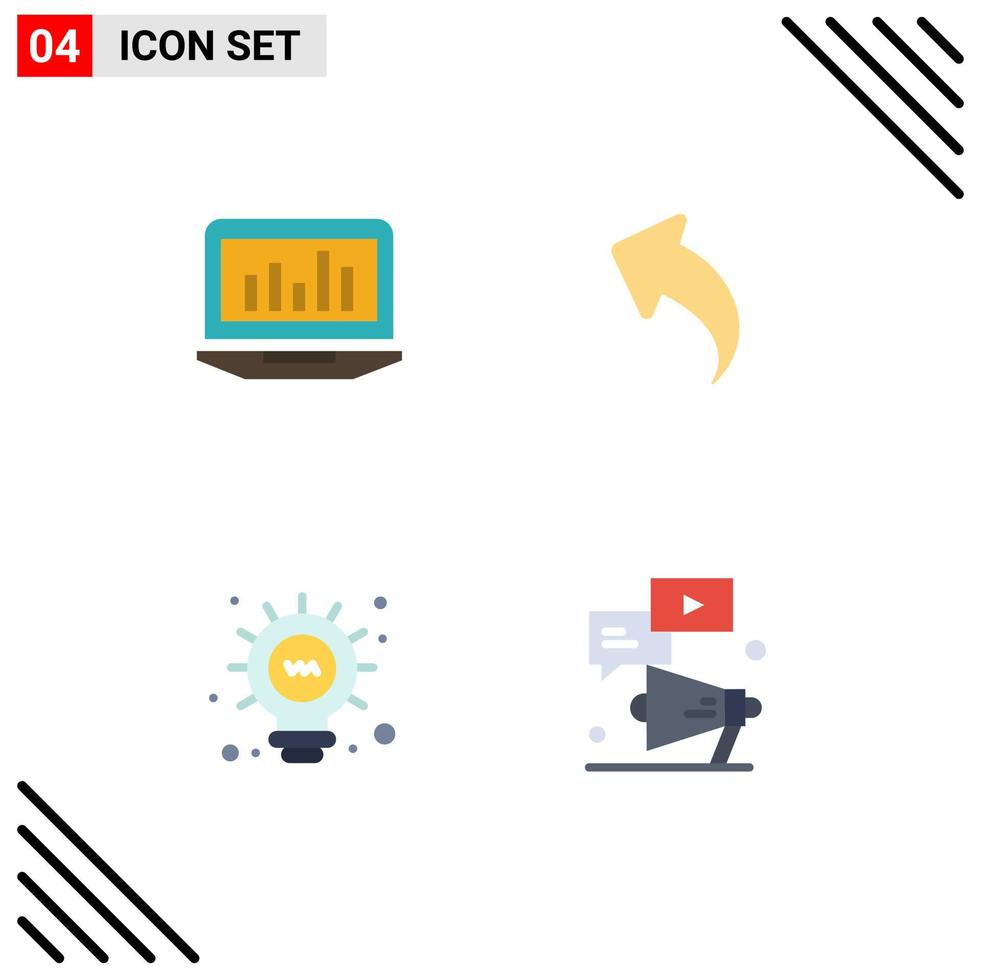 Group of 4 Flat Icons Signs and Symbols for laptop web monitoring left bulb Editable Vector Design Elements