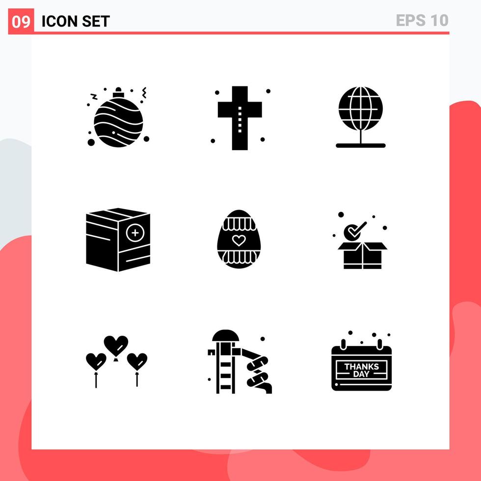 Pack of 9 Modern Solid Glyphs Signs and Symbols for Web Print Media such as easter egg e globe commerce add Editable Vector Design Elements