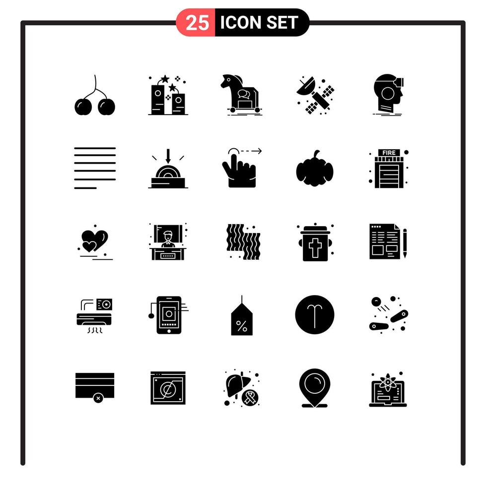 Mobile Interface Solid Glyph Set of 25 Pictograms of vr satellite cybercrime artificial virus Editable Vector Design Elements