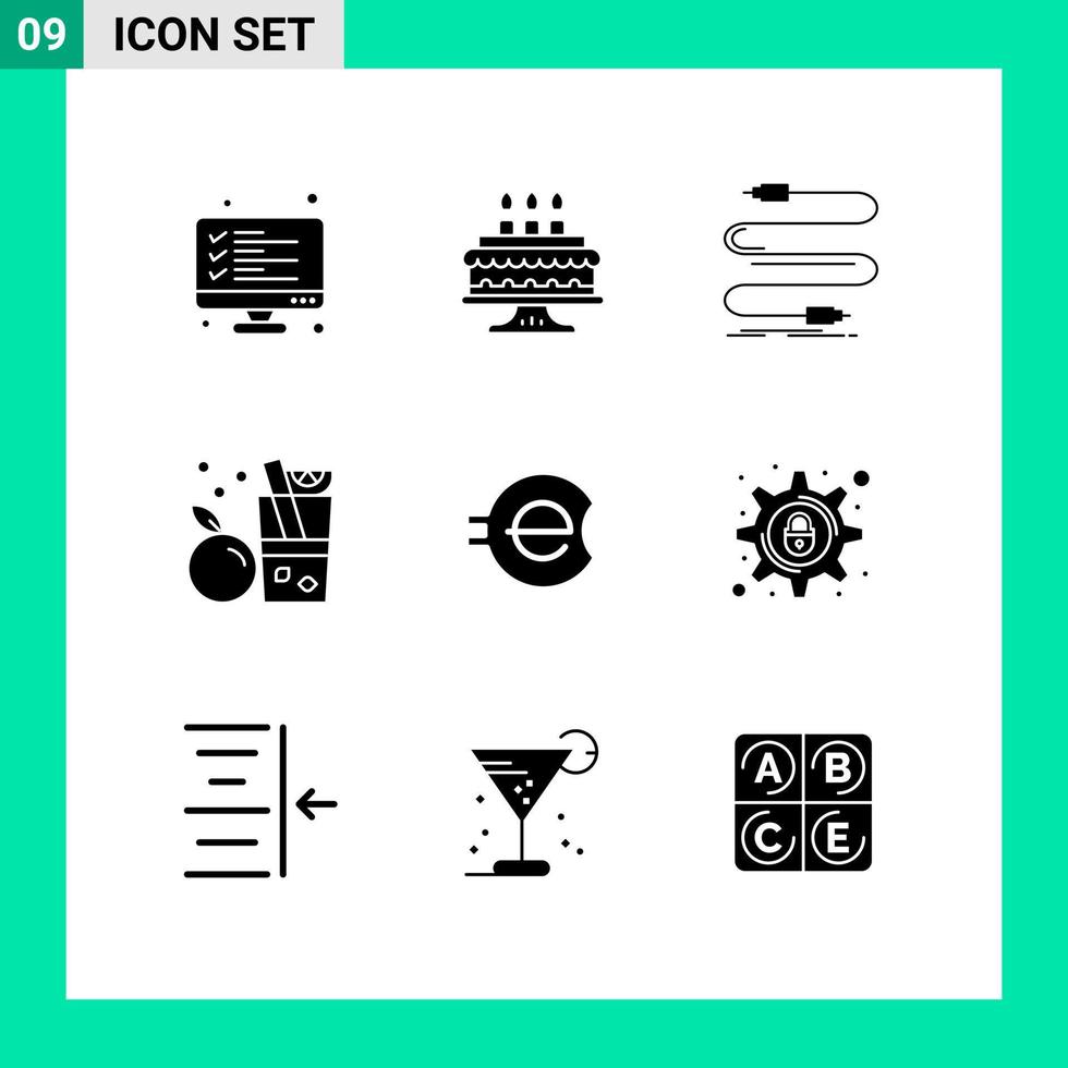 Editable Vector Line Pack of 9 Simple Solid Glyphs of e coin juice audio fruit wire Editable Vector Design Elements