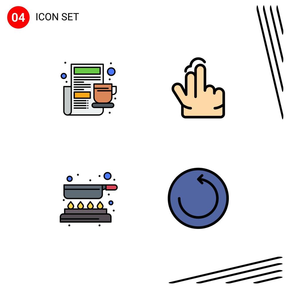 paquete de 4 modernos signos y símbolos de colores planos de línea de relleno para medios de impresión web, como el desayuno, el periódico de cocina, freír a mano, elementos de diseño de vectores editables