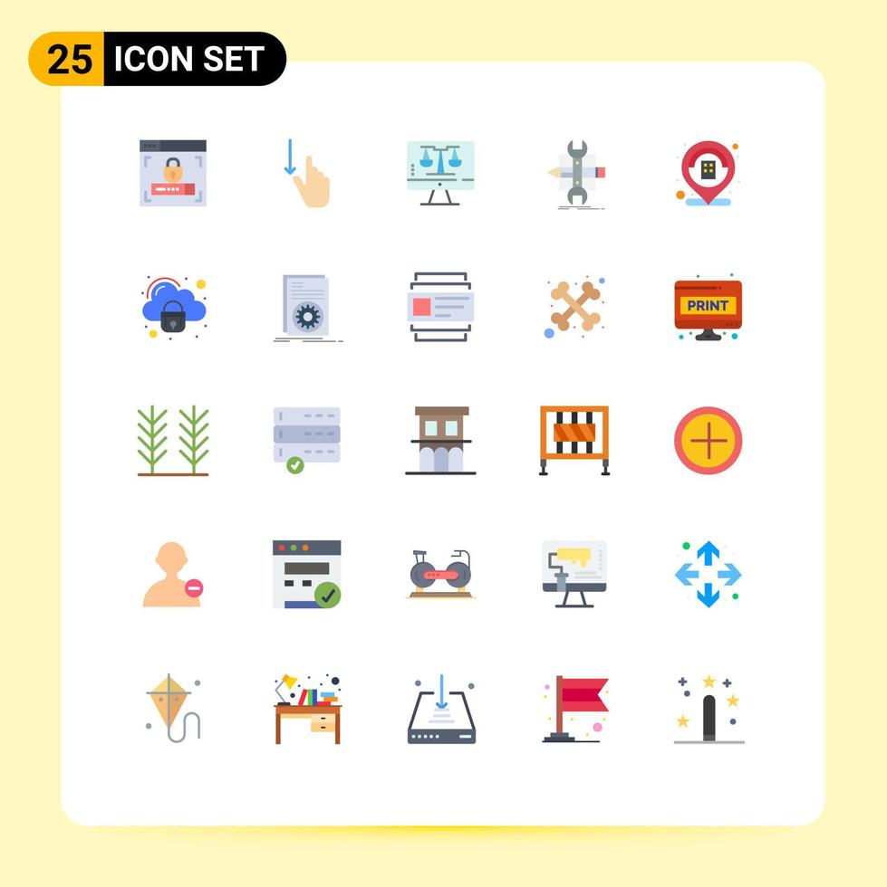 paquete de 25 signos y símbolos modernos de colores planos para medios de impresión web, como la ley digital de bocetos de construcción en línea, desarrollo de elementos de diseño de vectores editables