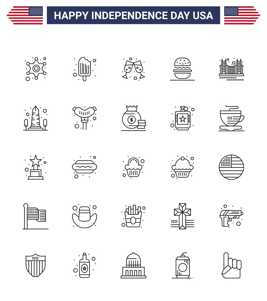 Set of 25 USA Day Icons American Symbols Independence Day Signs for golden bridge beer usa eat Editable USA Day Vector Design Elements