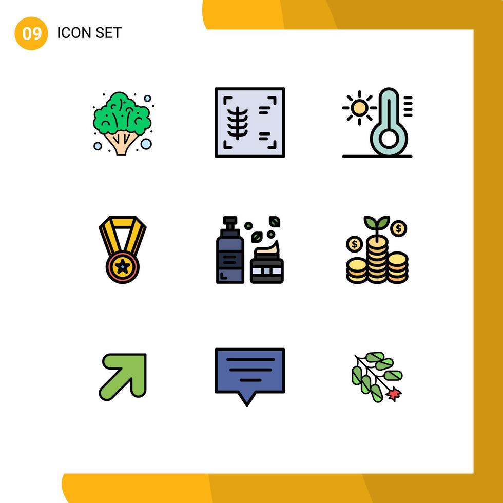 conjunto de 9 iconos de interfaz de usuario modernos signos de símbolos para elementos de diseño de vector editables de medalla de espuma de sol de loción comercial