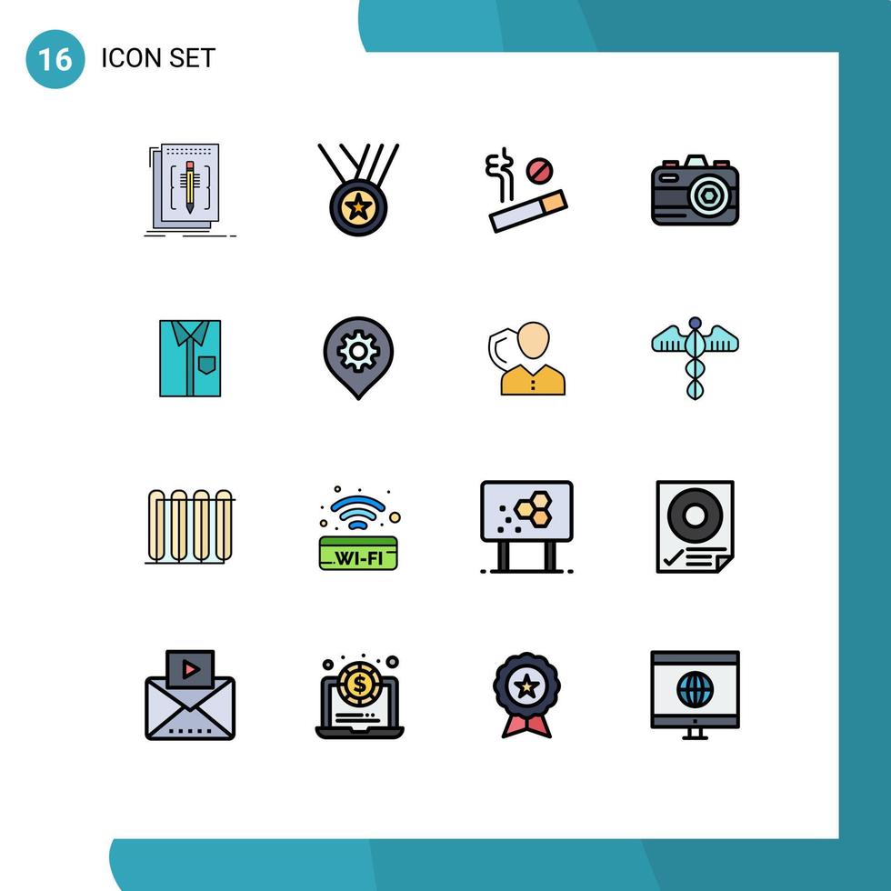 Universal Icon Symbols Group of 16 Modern Flat Color Filled Lines of clothing shirt ribbon summer camera Editable Creative Vector Design Elements