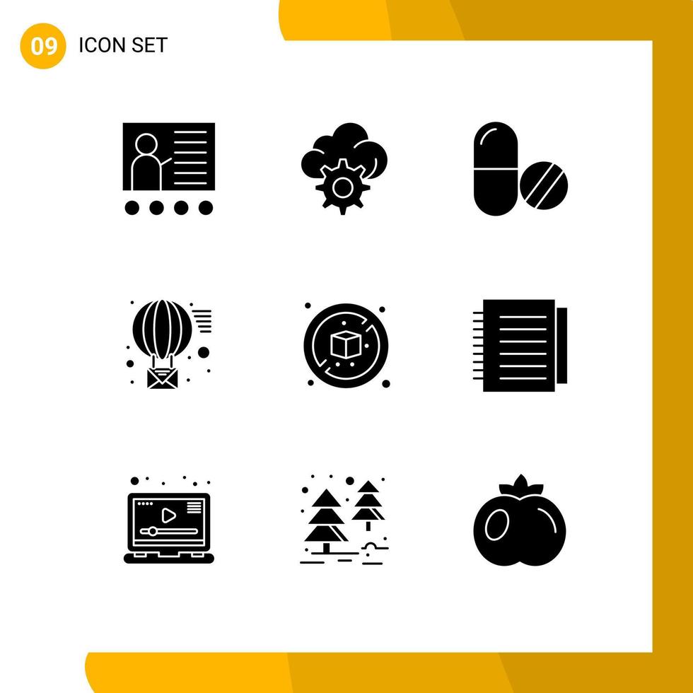 Mobile Interface Solid Glyph Set of 9 Pictograms of diet send drug receive email Editable Vector Design Elements
