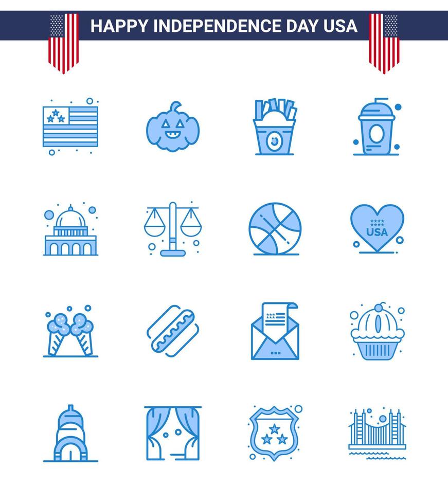 Set of 16 Vector Blues on 4th July USA Independence Day such as usa capitol food independece drink Editable USA Day Vector Design Elements