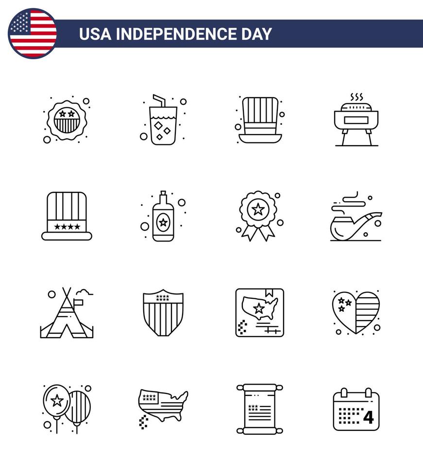 Pack of 16 USA Independence Day Celebration Lines Signs and 4th July Symbols such as cap holiday day festivity barbeque Editable USA Day Vector Design Elements