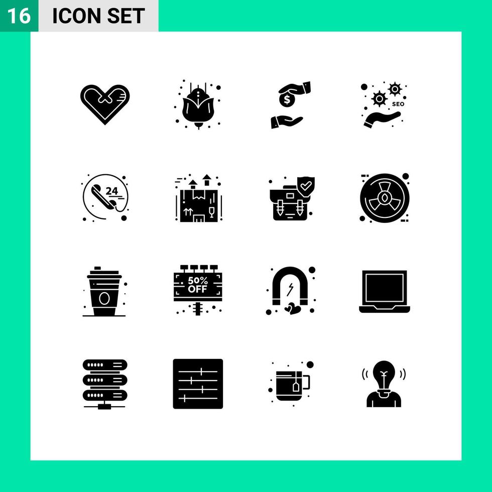 Group of 16 Modern Solid Glyphs Set for call optimize bribe seo development Editable Vector Design Elements