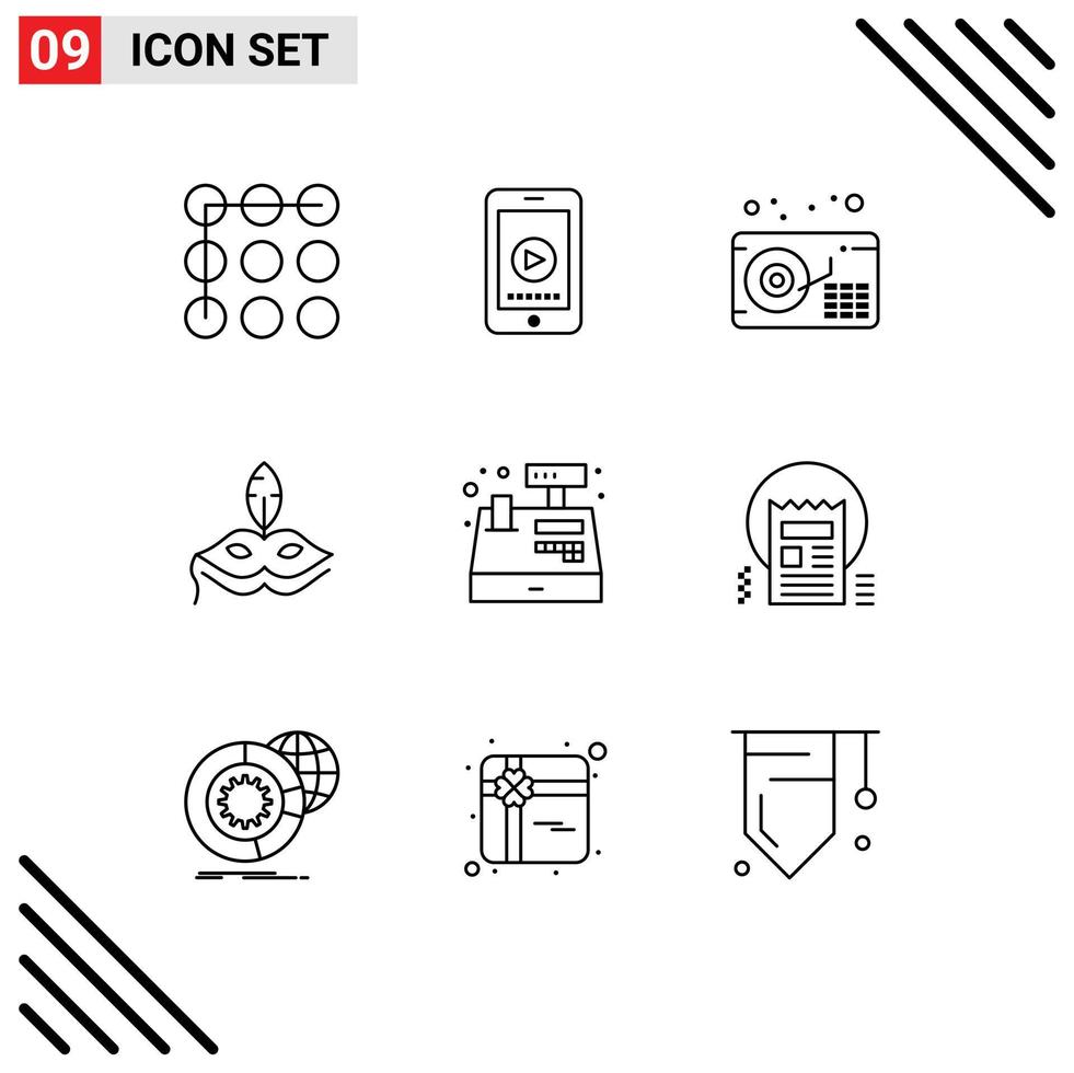 Mobile Interface Outline Set of 9 Pictograms of shopping payment gramophone cash venetian Editable Vector Design Elements