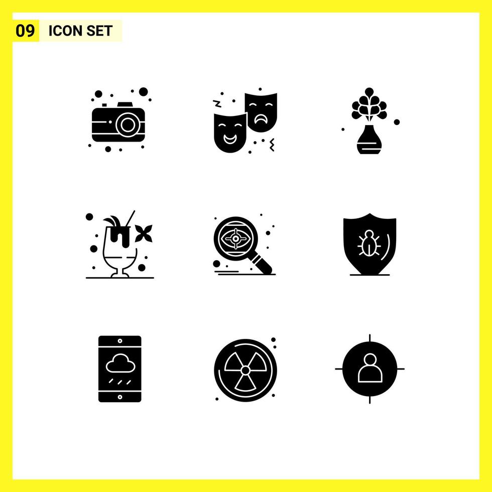 Modern Set of 9 Solid Glyphs and symbols such as targeting search home drink cocktail Editable Vector Design Elements