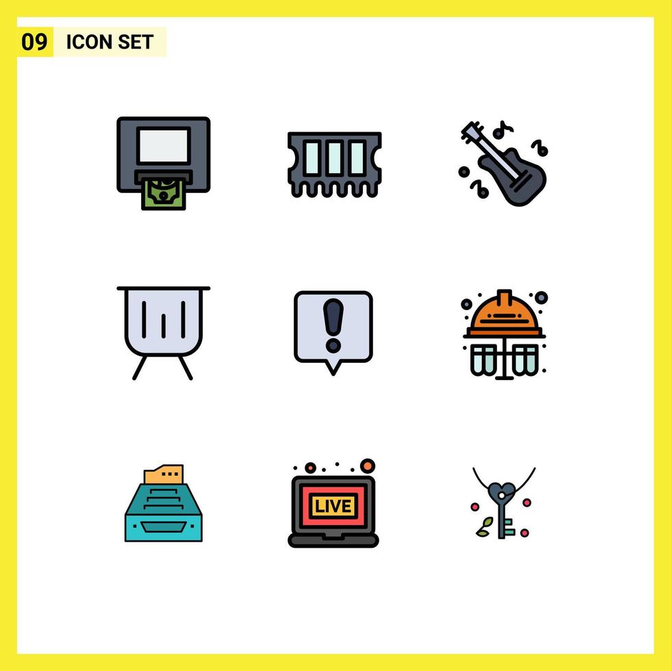 User Interface Pack of 9 Basic Filledline Flat Colors of test error message music chat error performance Editable Vector Design Elements