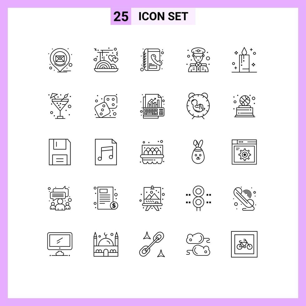 Pack of 25 Modern Lines Signs and Symbols for Web Print Media such as drink celebration book candle man Editable Vector Design Elements