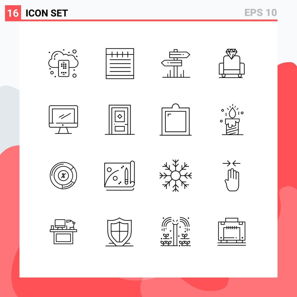 Group of 16 Modern Outlines Set for imac monitor hotel computer film Editable Vector Design Elements