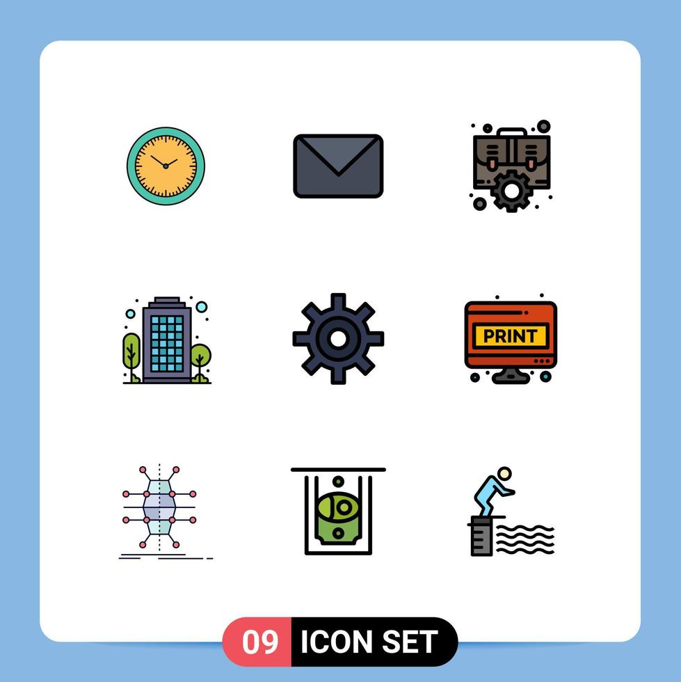 Pack of 9 creative Filledline Flat Colors of gear house case city strategic Editable Vector Design Elements