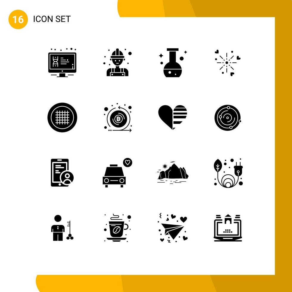 Modern Set of 16 Solid Glyphs and symbols such as grid heart worker celebration test Editable Vector Design Elements