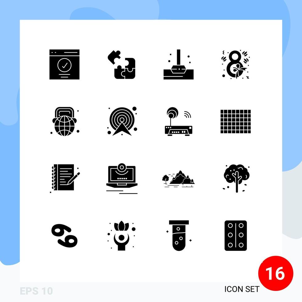 Modern Set of 16 Solid Glyphs Pictograph of globe ribbon solution tulip eight Editable Vector Design Elements