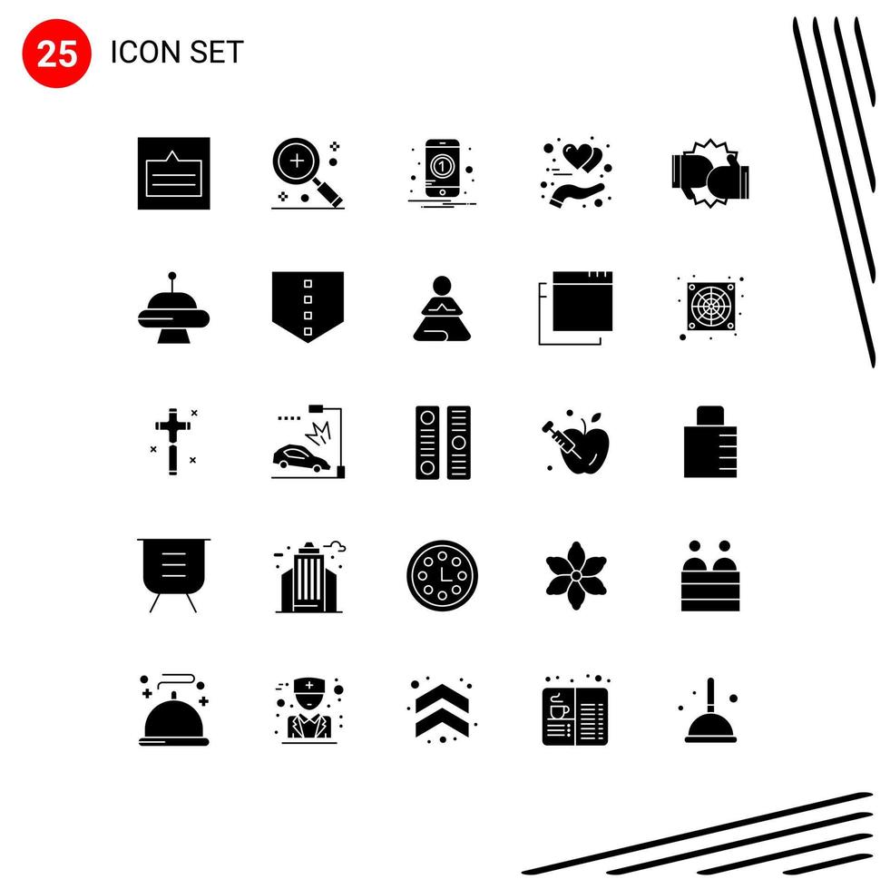 Solid Glyph Pack of 25 Universal Symbols of heart gesture magnifier protect one Editable Vector Design Elements