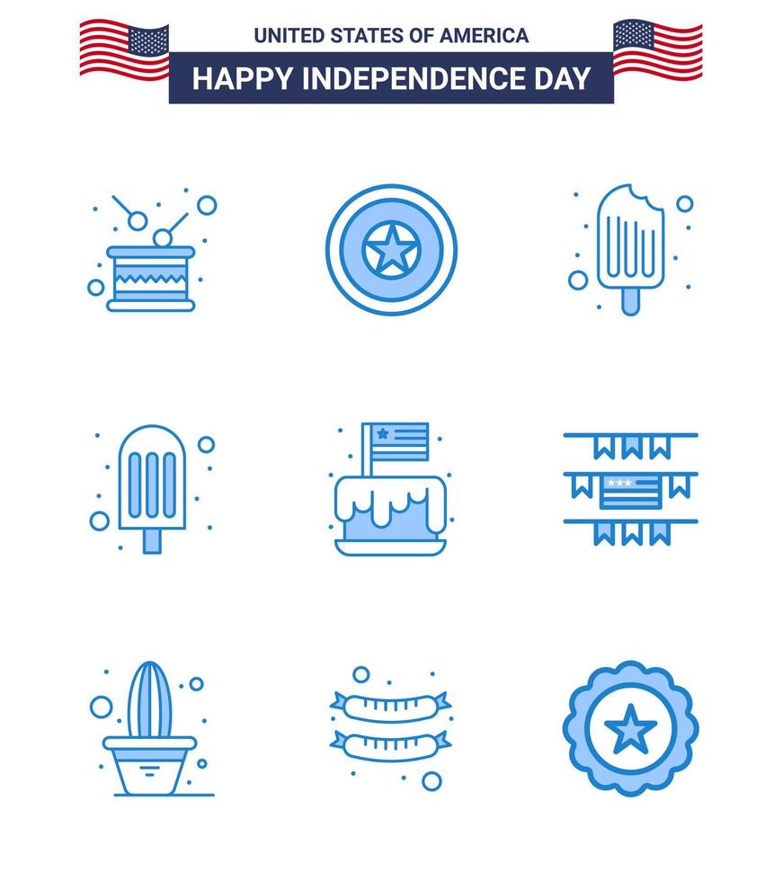 paquete de 9 creativos relacionados con el día de la independencia de estados unidos blues of cake medalla de helado comida helado elementos de diseño vectorial editables del día de estados unidos vector