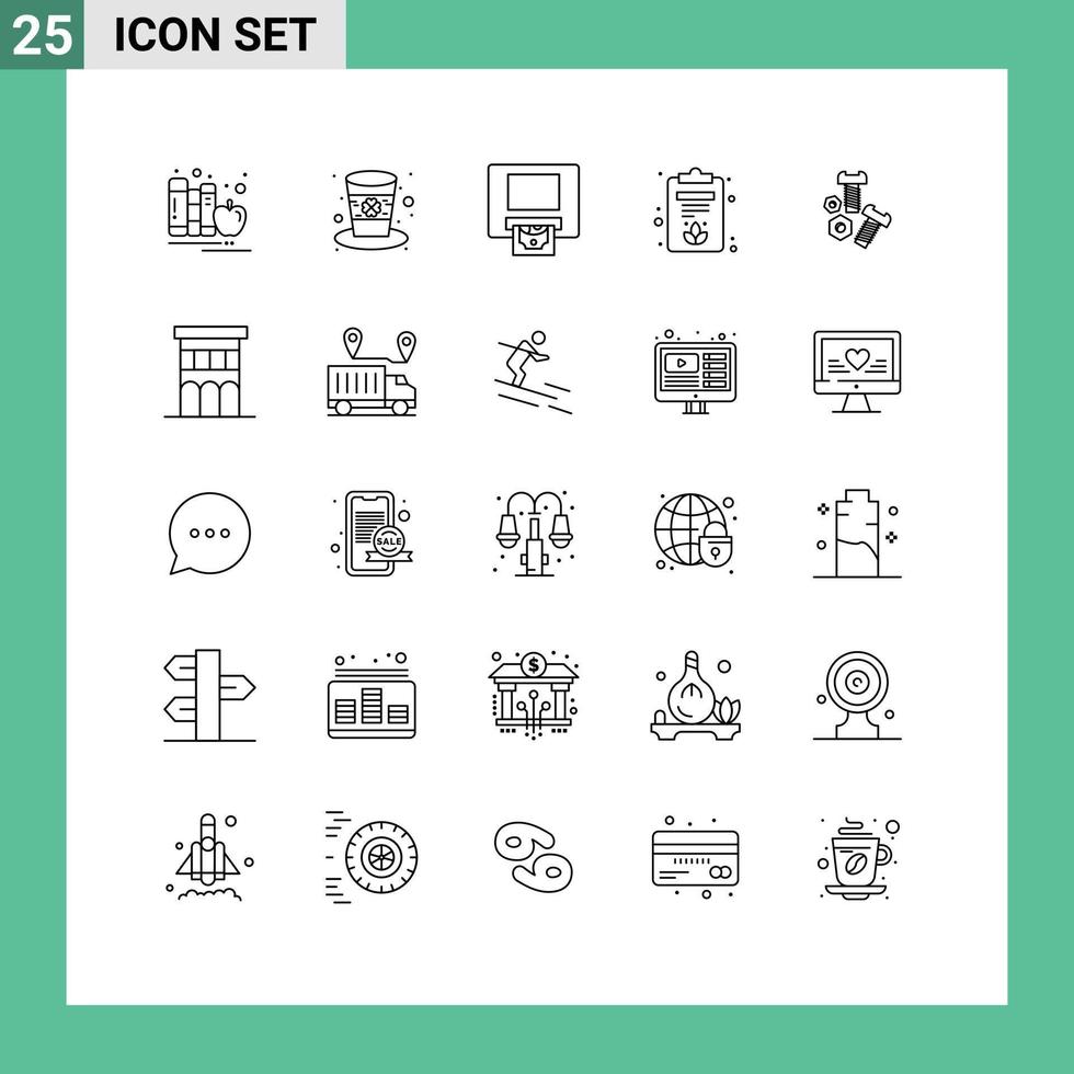 Modern Set of 25 Lines and symbols such as screw bolt leprechaun lotus clipboard Editable Vector Design Elements