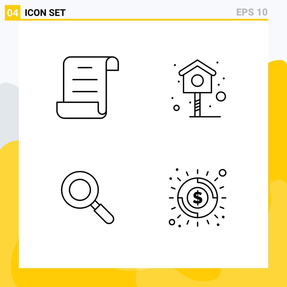 Line Pack of 4 Universal Symbols of document banking bird search money Editable Vector Design Elements