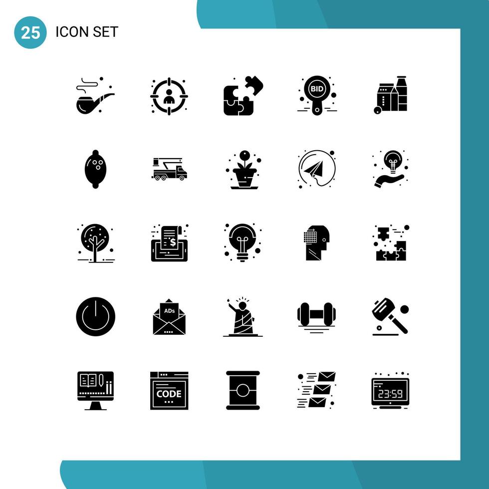 Group of 25 Modern Solid Glyphs Set for milk compete target bid bid Editable Vector Design Elements