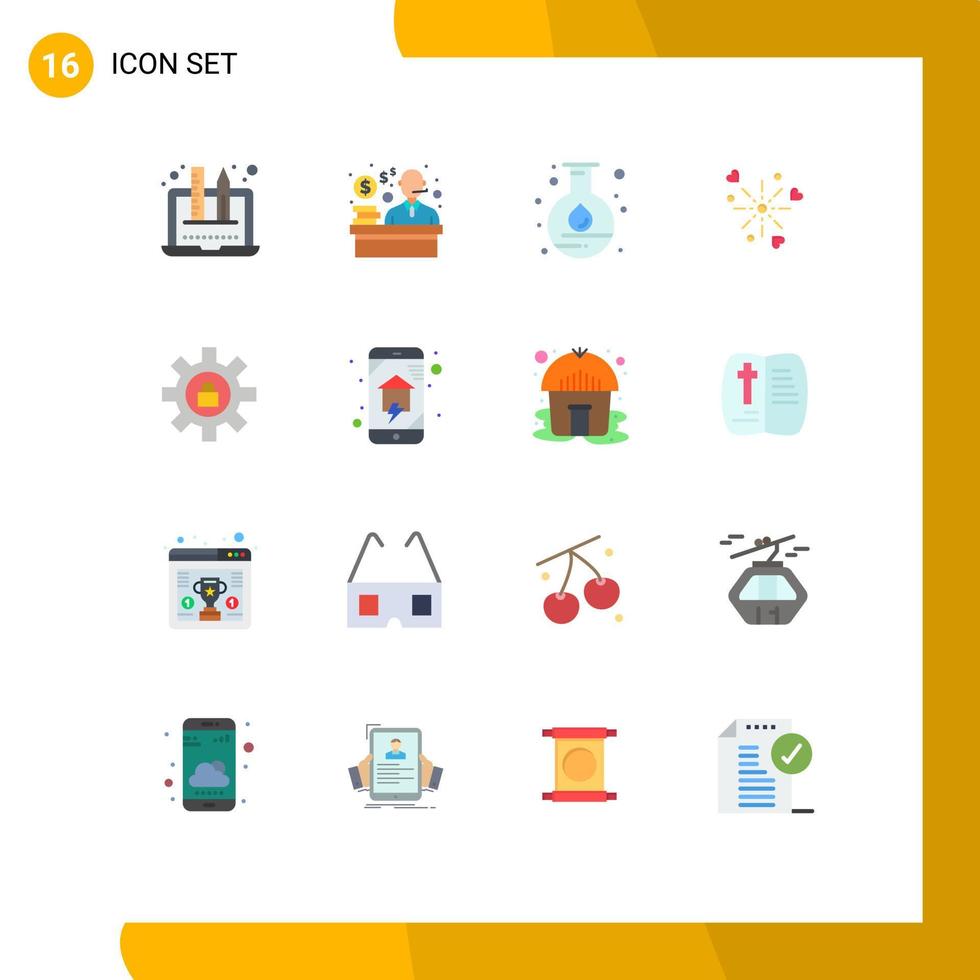 Flat Color Pack of 16 Universal Symbols of lock gear flask love celebration Editable Pack of Creative Vector Design Elements