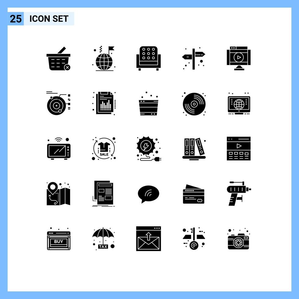 Set of 25 Commercial Solid Glyphs pack for player movie interior internet navigation Editable Vector Design Elements