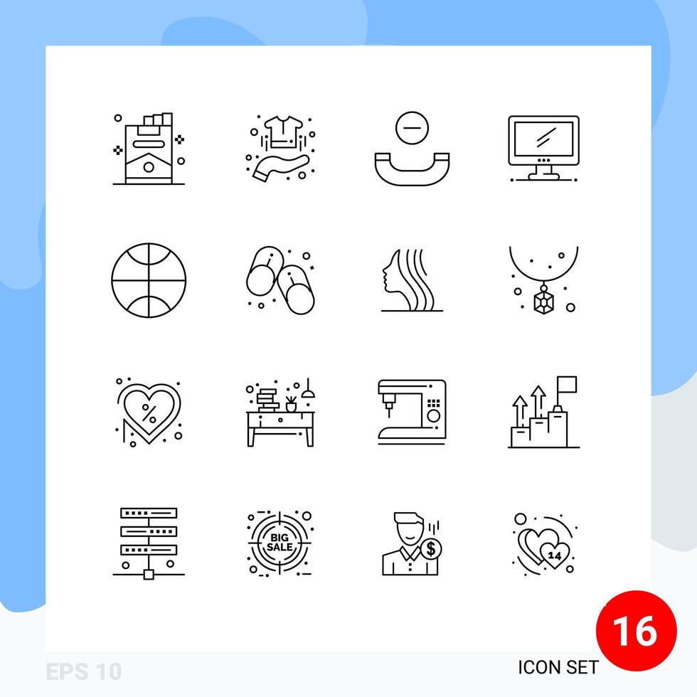 Pack of 16 Modern Outlines Signs and Symbols for Web Print Media such as basketball imac shirt device computer Editable Vector Design Elements