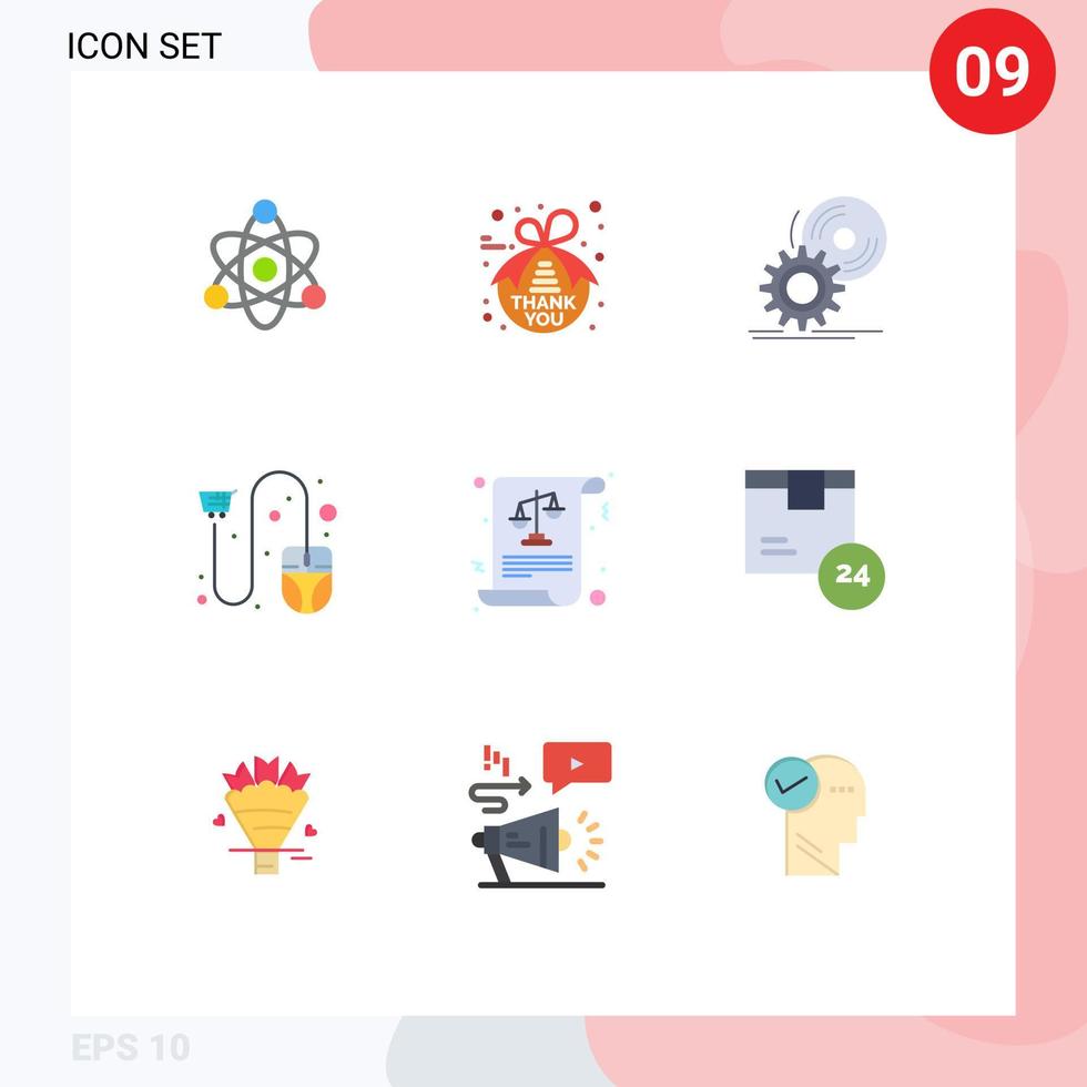 grupo de 9 signos y símbolos de colores planos para elementos de diseño vectorial editables de carro de comercio electrónico de disco de ratón de equilibrio vector