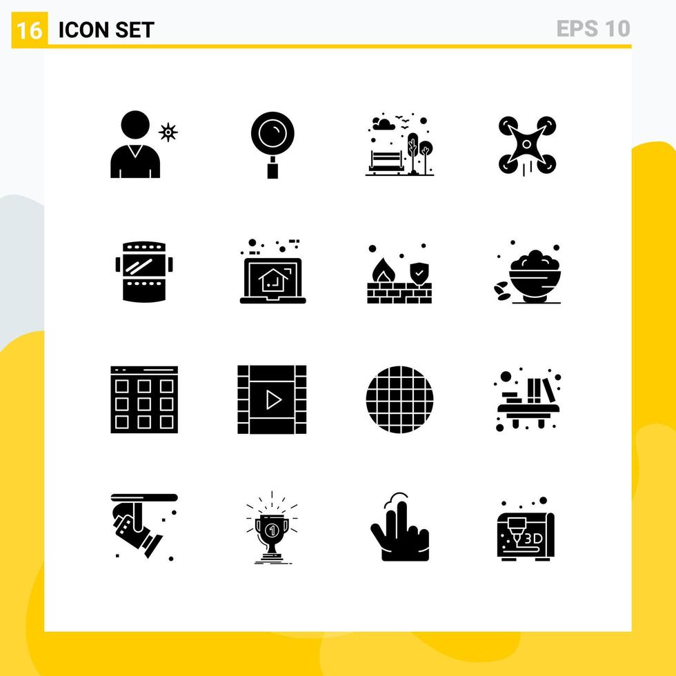 Group of 16 Solid Glyphs Signs and Symbols for protection welding mask city image drone Editable Vector Design Elements
