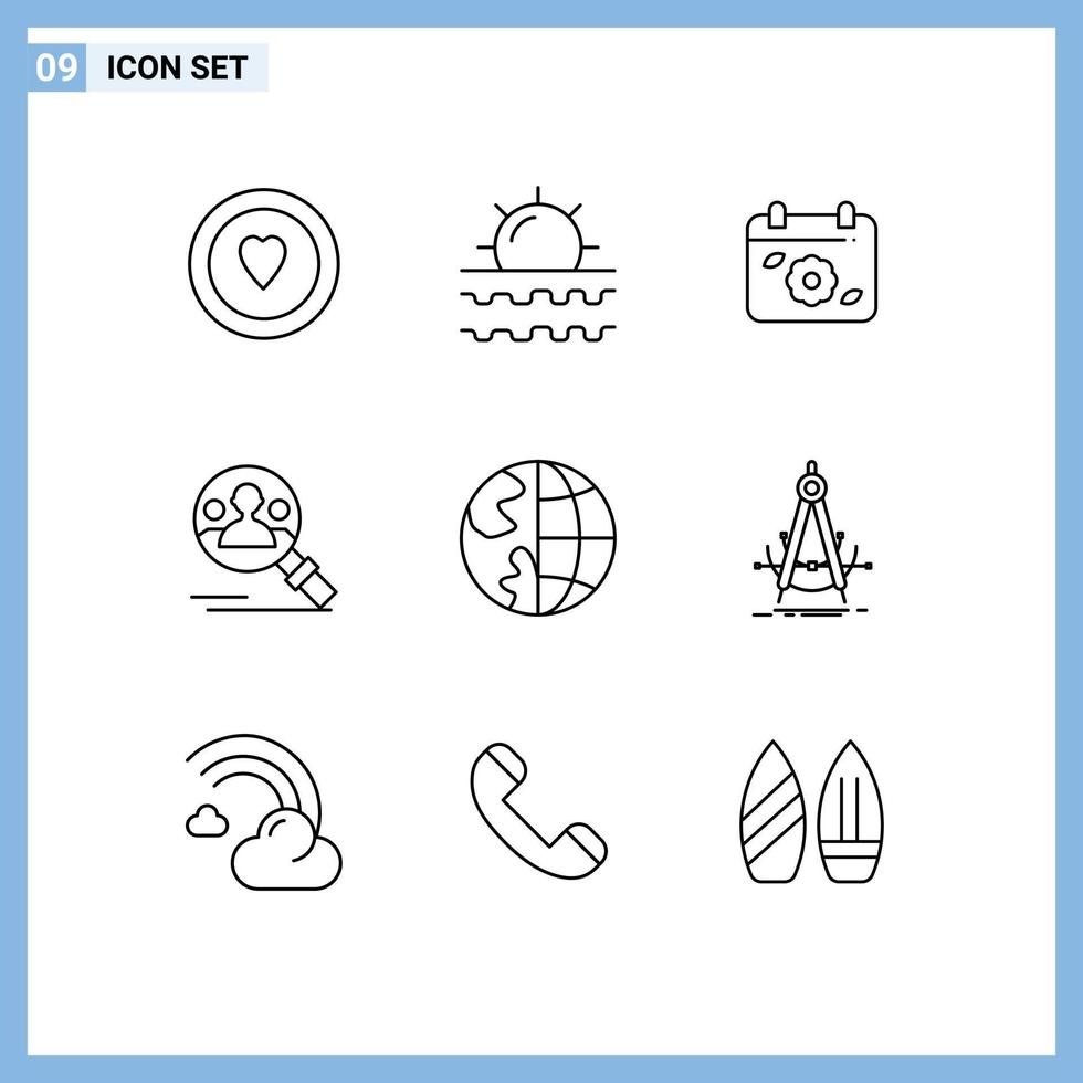 Universal Icon Symbols Group of 9 Modern Outlines of contact user calendar search find Editable Vector Design Elements