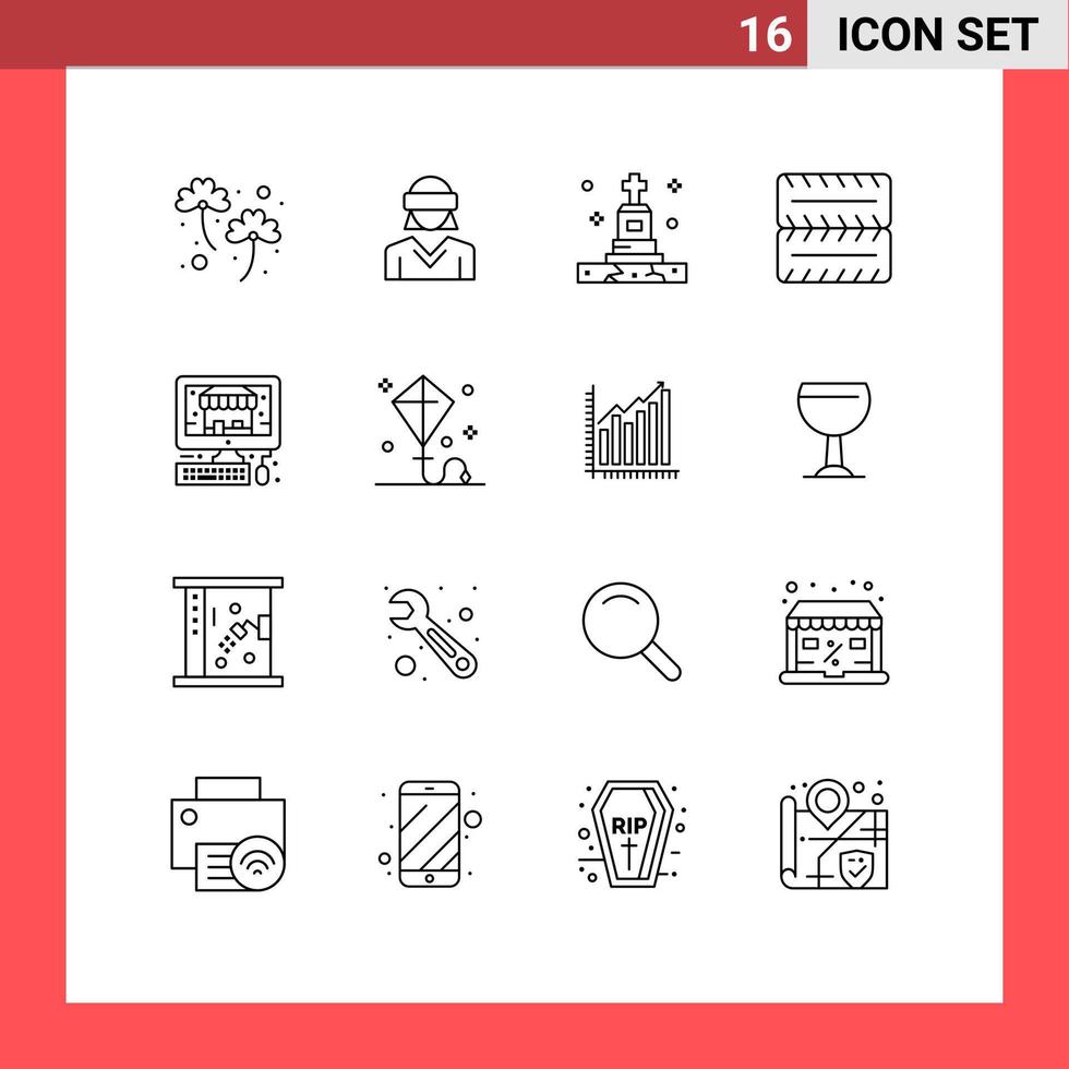 Pictogram Set of 16 Simple Outlines of shop ecommerce woman vehicles tomb Editable Vector Design Elements