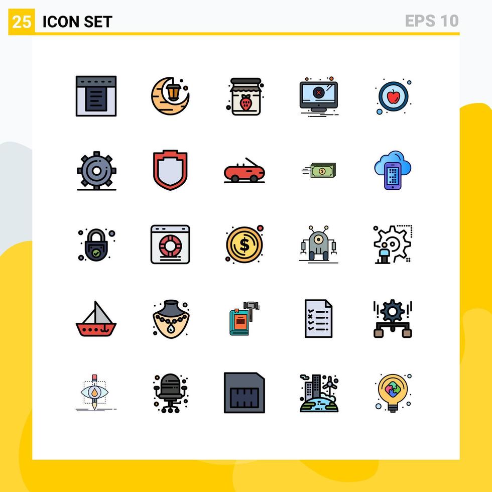 Pictogram Set of 25 Simple Filled line Flat Colors of healthy apple jar warning error Editable Vector Design Elements