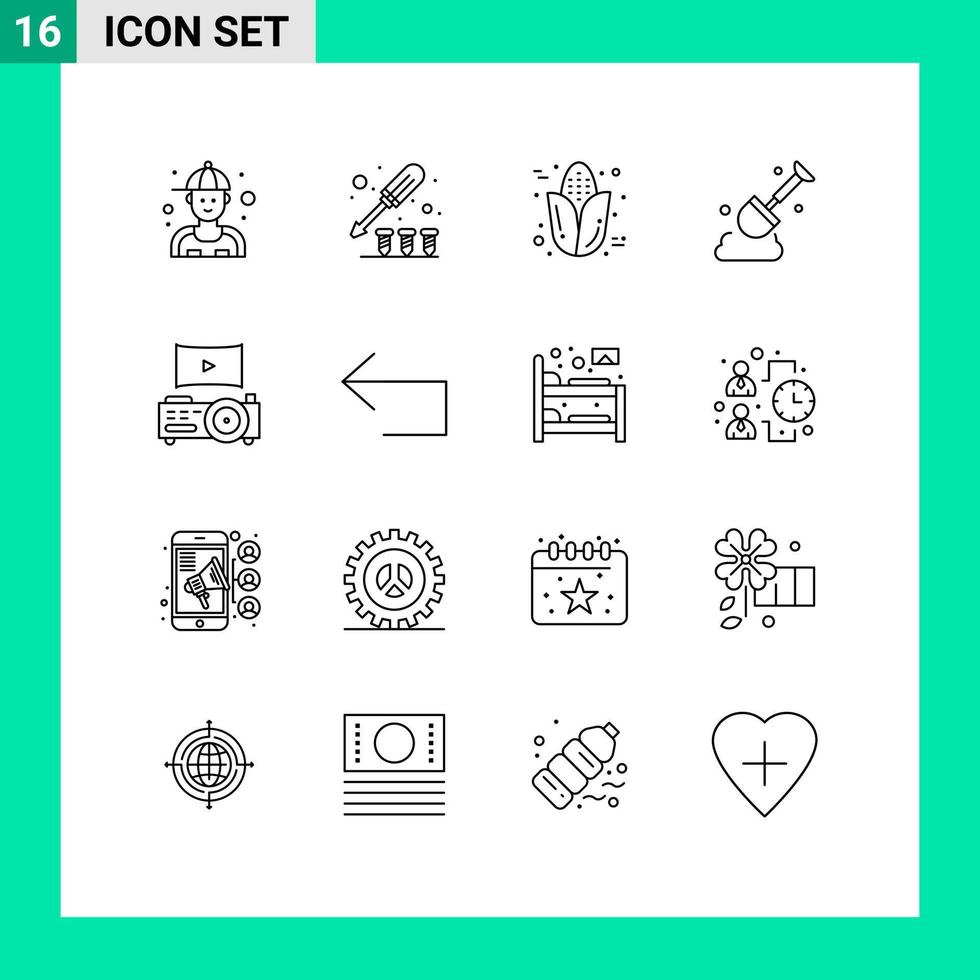 Pack of 16 Modern Outlines Signs and Symbols for Web Print Media such as theatre cinema autumn tool construction Editable Vector Design Elements