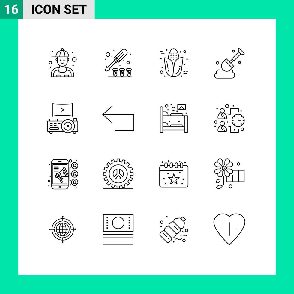 paquete de 16 signos y símbolos de contornos modernos para medios impresos web, como el teatro, el cine, la construcción de herramientas de otoño, elementos de diseño de vectores editables