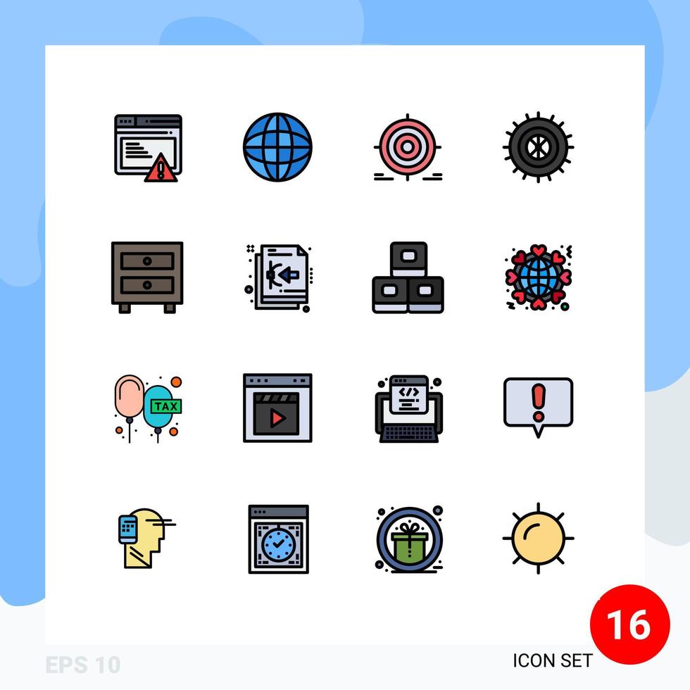 Mobile Interface Flat Color Filled Line Set of 16 Pictograms of drawer wheel target tire objective Editable Creative Vector Design Elements