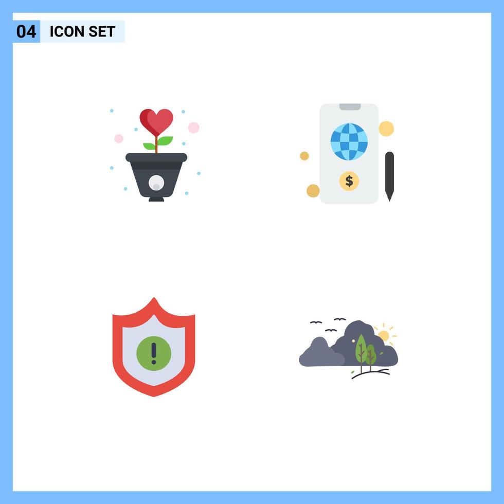 Modern Set of 4 Flat Icons and symbols such as gratitude security heart globe mountain Editable Vector Design Elements