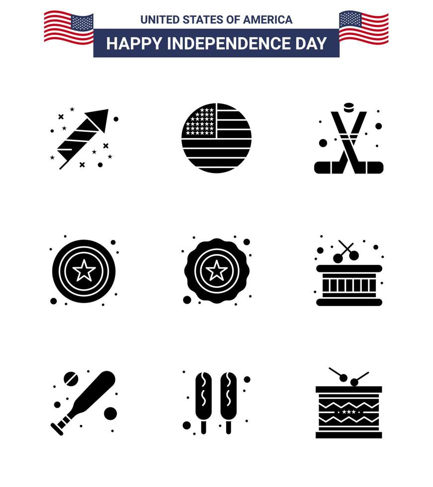 9 USA Solid Glyph Pack of Independence Day Signs and Symbols of star sign hockey star america Editable USA Day Vector Design Elements