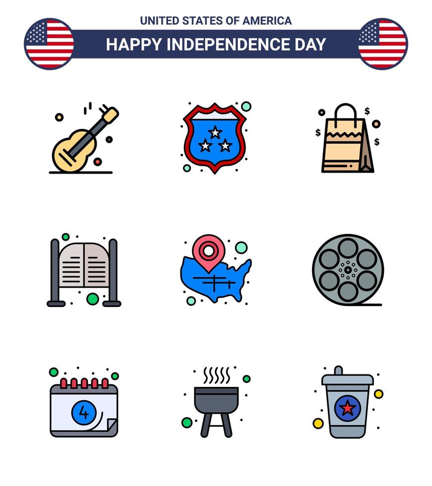 Group of 9 Flat Filled Lines Set for Independence day of United States of America such as map day bag saloon bar Editable USA Day Vector Design Elements