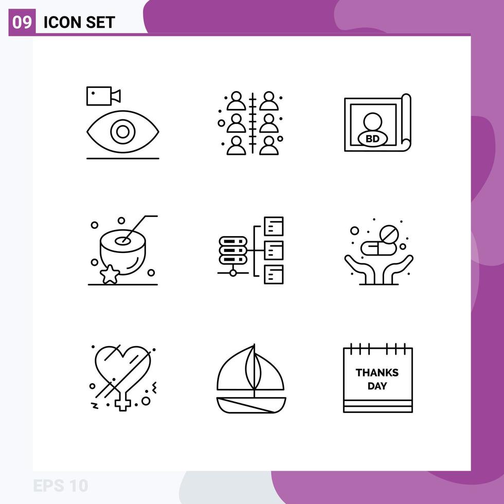 paquete de 9 signos y símbolos de contornos modernos para medios de impresión web, como elementos de diseño de vectores editables internacionales de agua de trabajo de alimentos en red