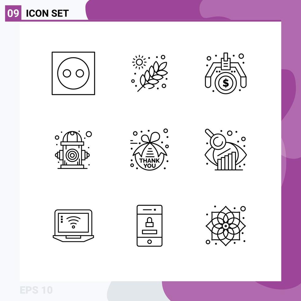 Mobile Interface Outline Set of 9 Pictograms of water environment grains control idea Editable Vector Design Elements