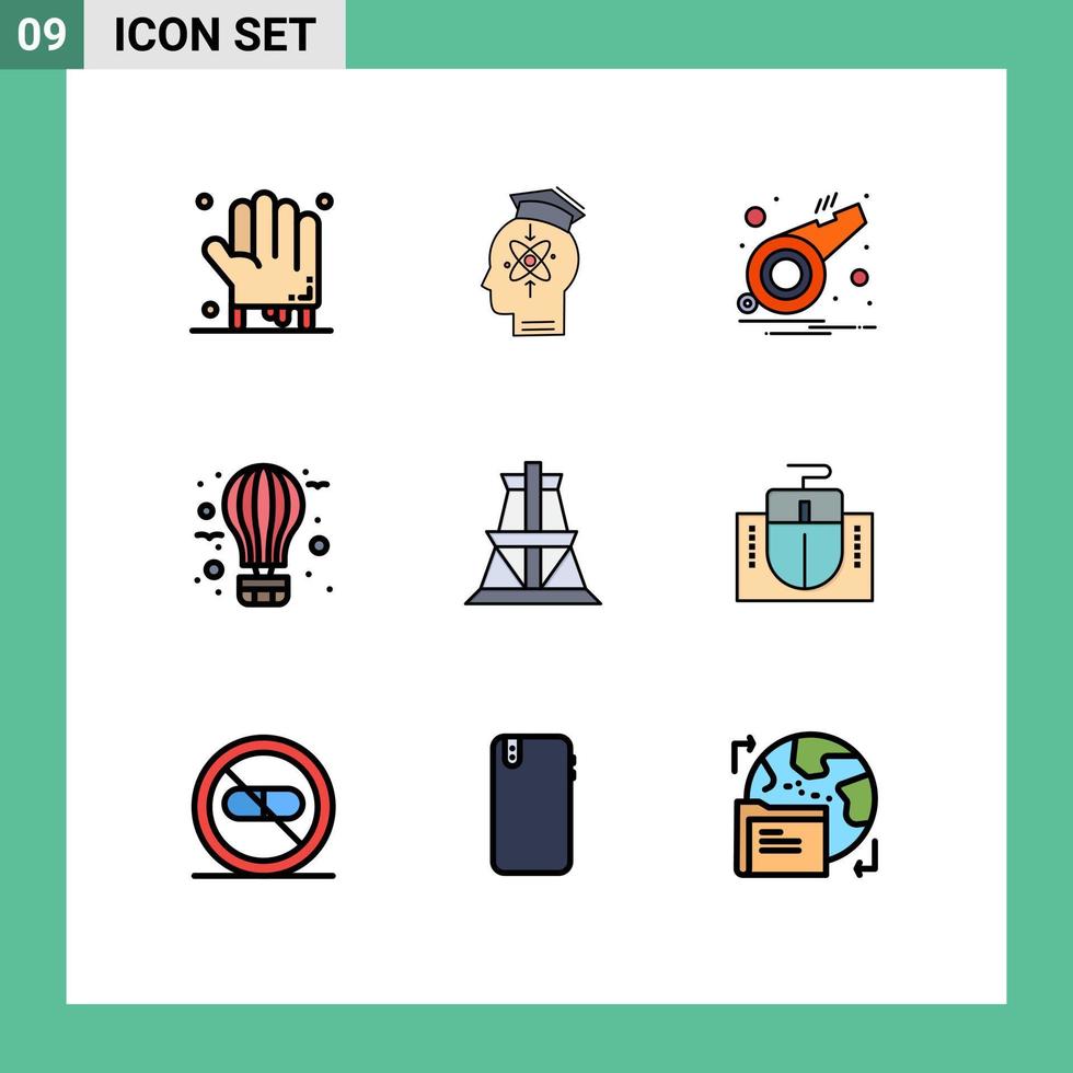 Modern Set of 9 Filledline Flat Colors Pictograph of journey flying skill balloon whistle Editable Vector Design Elements